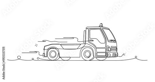 Tow truck driving along roadside in linear outline style. No editable stroke