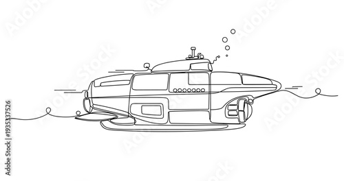 Small submarine cruising underwater with bubbles around. No editable stroke