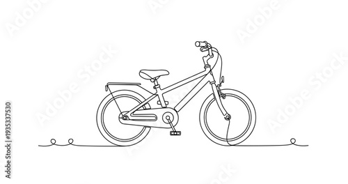 Bicycle parked upright on simple ground line background. No editable stroke