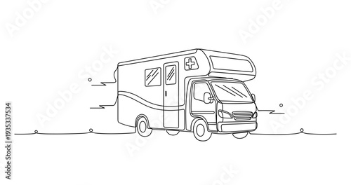 Ambulance vehicle parked ready for emergency outside line drawing. No editable stroke