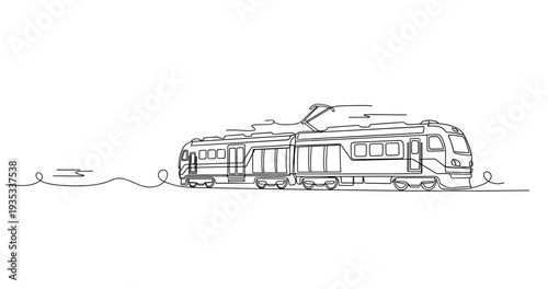Modern commuter train moving along track in outline sketch. No editable stroke