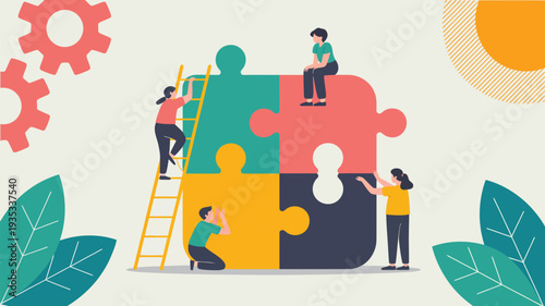 teamwork collaboration concept with people assembling puzzle pieces partnership problem solving and business cooperation flat vector illustration