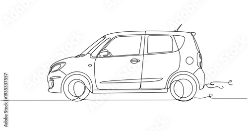 Compact car parked in side profile on road minimal sketch. No editable stroke