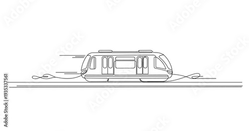 Light rail train moving along tracks in urban setting. No editable stroke