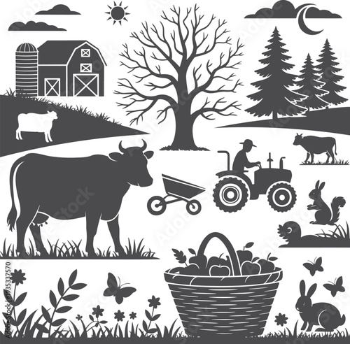 Rural farm life silhouettes including a barn, silo, cows, a farmer on a tractor and abundant nature elements