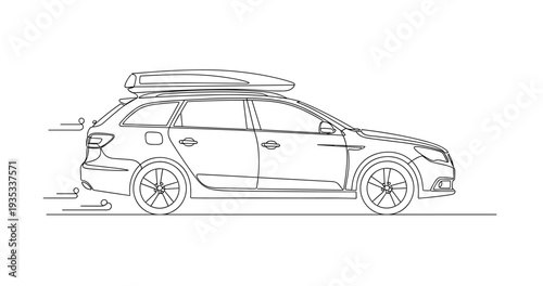 Station wagon carrying roof box traveling along straight road. No editable stroke