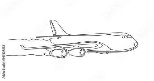 Commercial jet cruising through sky above open horizon. No editable stroke