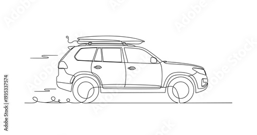 Suv carrying roof box driving on road side view. No editable stroke
