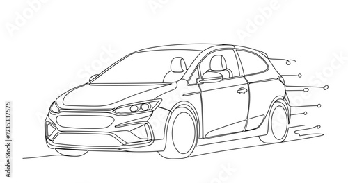 Compact hatchback car driving quickly along open roadway. No editable stroke