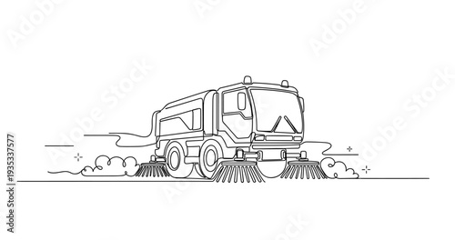 Street sweeper cleaning pavement in line illustration. No editable stroke