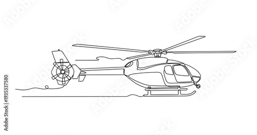 Helicopter hovering with rotors visible over flat ground illustration. No editable stroke