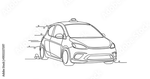 Compact car driving forward on road linear outline illustration. No editable stroke