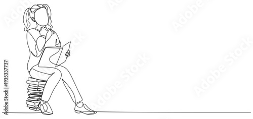 Continuous line of a little girl sitting on a pile of books and reading a book