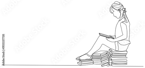 Continuous line of a little girl sitting on a pile of books and reading a book