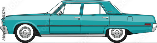 Classic Teal FourDoor Sedan with White Wall Tires Side View Illustration.