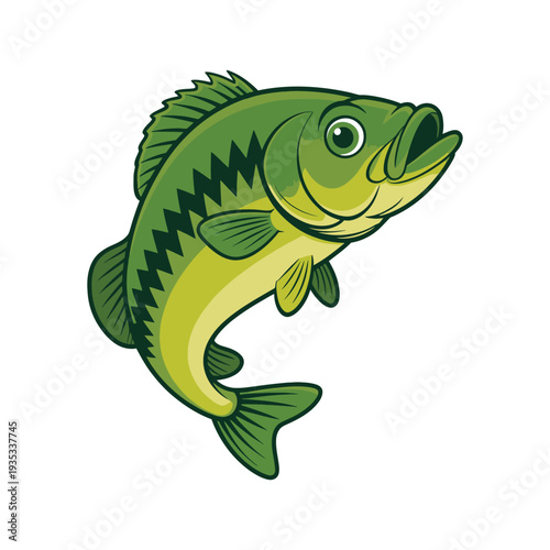 Largemouth Bass Fish Illustration - Detailed Green Bass Jumping Character Design for Fishing Tournament and Outdoor Sport Branding Vector