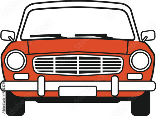 Front view of a classic orange car illustration with round headlights and chrome bumper.