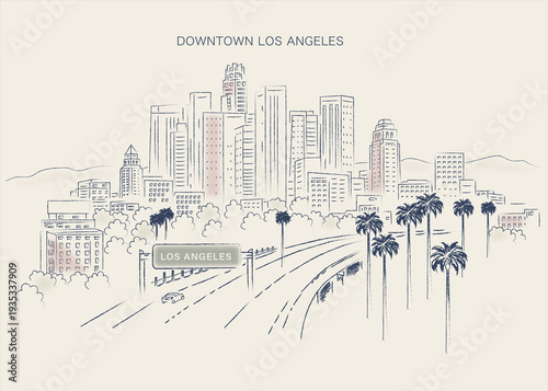 Cuadro en lienzo Minimal Line Art Illustration of Downtown Los Angeles Skyline with Freeway