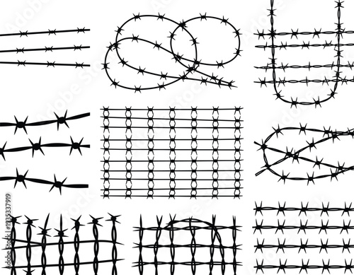 Barbed wire vector illustration, black silhouette fencing designs, security boundary patterns, containment artwork, protective barrier elements, industrial defense graphics