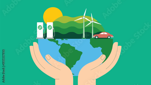 sustainable green energy concept with hands holding earth wind turbines solar panels electric car and nature landscape flat vector illustration