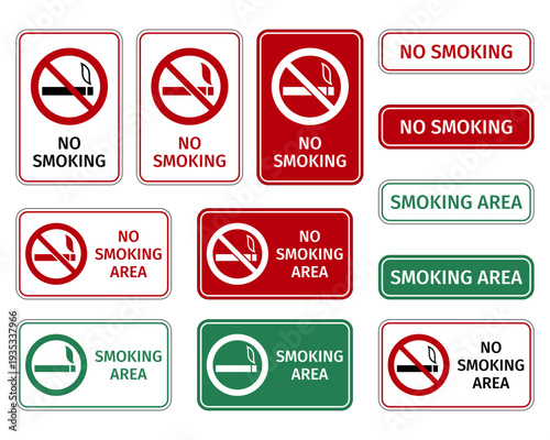 Comprehensive set of No Smoking and Designated Smoking Area vector signs. Smoking-related signage for professional use in offices, public buildings, restaurants, and safety compliance notices