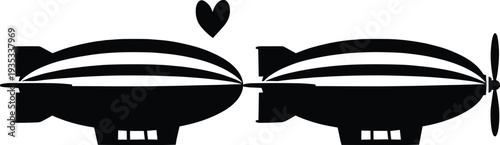 Blimp and dirigible silhouette icon set featuring vintage airships with propellers and a heart symbol for whimsical aviation and travel