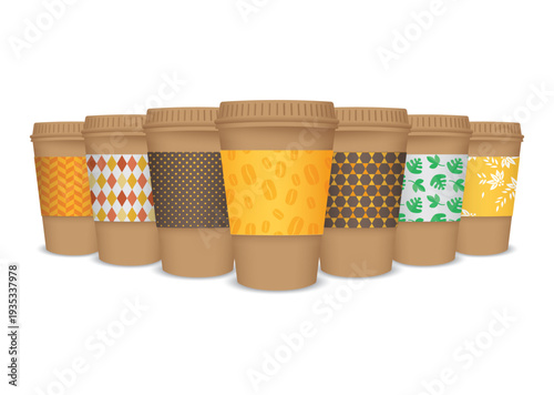 A lot of disposable cups for coffee and tea change places.