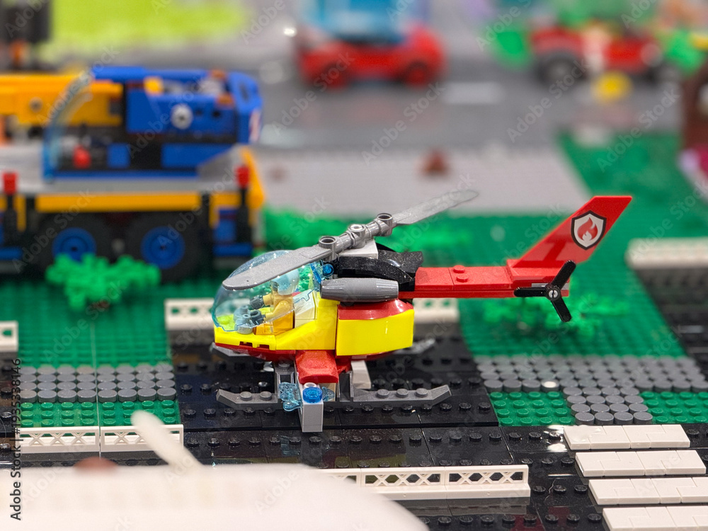 Fototapeta premium Lego rescue helicopter on helipad