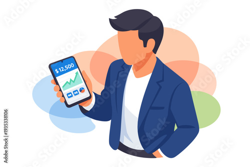 Man holding smartphone showing financial growth chart.