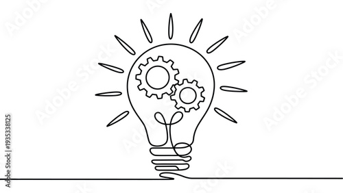 minimal line art illustration of light bulb with gears and plant creative innovation idea concept continuous line drawing outline vector design