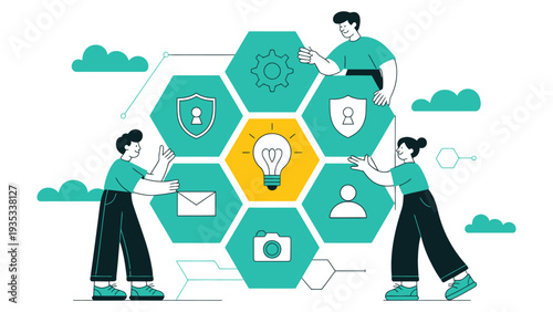 team collaboration and digital innovation concept with people connecting icons technology network communication flat vector illustration