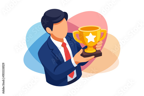 Successful businessman holding a golden trophy award.