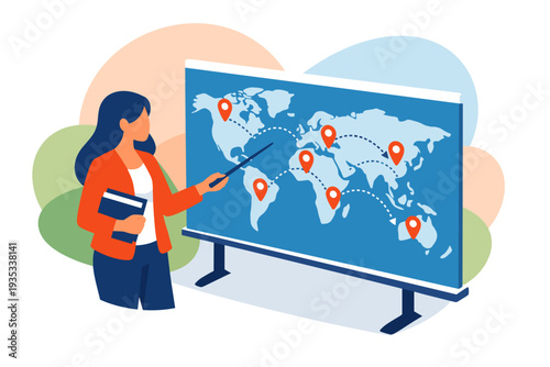 Woman presenting world map with pins and connections.