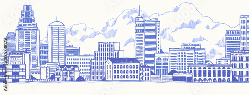 Engraved sketch of cityscape panorama. Drawing city with skyscrapers, office and residential buildings. High rise houses with clouds. Modern urban architecture. Hand drawn isolated vector illustration