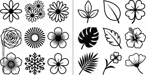 Black and white floral vector illustration, botanical leaves and flowers collection, decorative nature design elements, minimalist line art, modern artwork