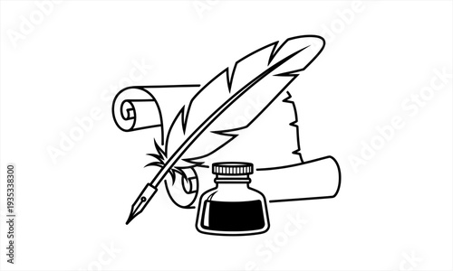 Quill pen inkwell and scroll line art illustration.