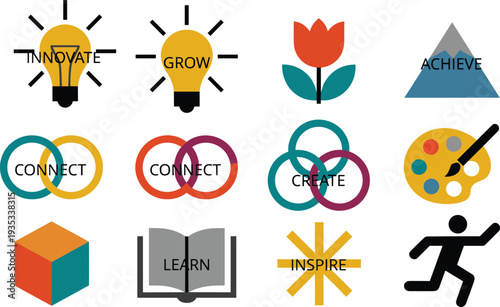 Colorful motivational icon set featuring business concepts like innovate grow achieve connect create learn and inspire for professional growth and education.