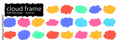 Cloud shape bubble and frame fluffy cute with line vector icon. Speech label border and design isolated sticker with think transparent png. Cloud ribbon and wavy frame illustration