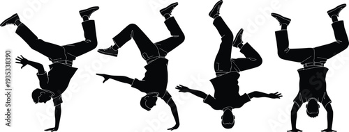 Breakdance silhouette set featuring male dancers performing handstands and urban hip hop moves for street culture fitness and athletic design.