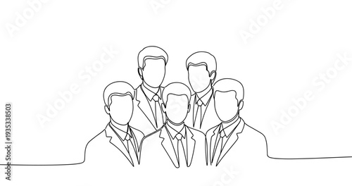 Continuous line drawing of five business people in suits. No editable stroke