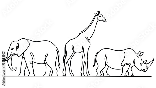 minimal line art illustration of elephant giraffe and rhinoceros wildlife animals continuous line drawing simple outline vector safari nature concept