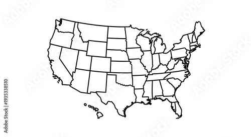 Detailed Outline Map of United States of America with State Boundaries on White Background