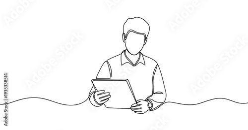Line art of young caucasian male using tablet in minimalist style. No editable stroke