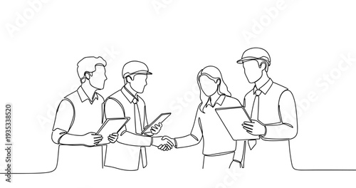 Line art of young multiracial construction team collaborating. No editable stroke