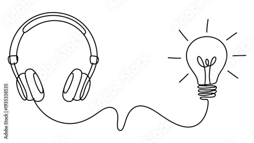 minimal line art illustration of headphones connected to glowing light bulb creative idea concept continuous line drawing simple outline vector design