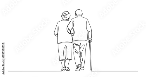 Elderly caucasian couple walking together with cane in minimalist line art. No editable stroke