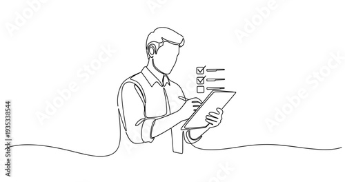 Continuous line drawing of young caucasian male adult with checklist on tablet. No editable stroke