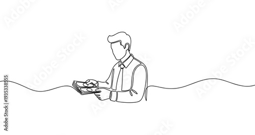 Continuous line drawing of young caucasian male reading a book. No editable stroke