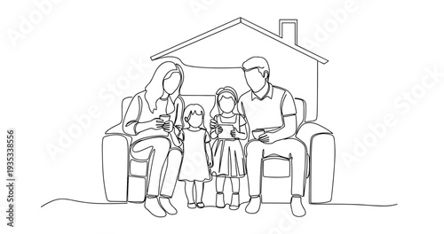 Family bonding in living room with technology devices. No editable stroke