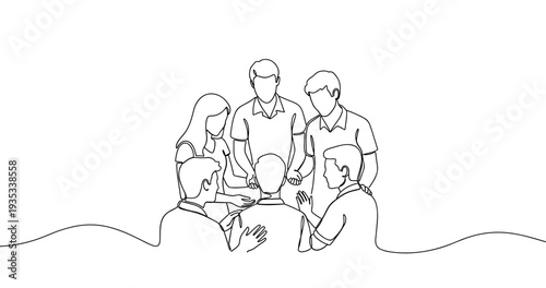 Line art of group discussion among young adults. No editable stroke